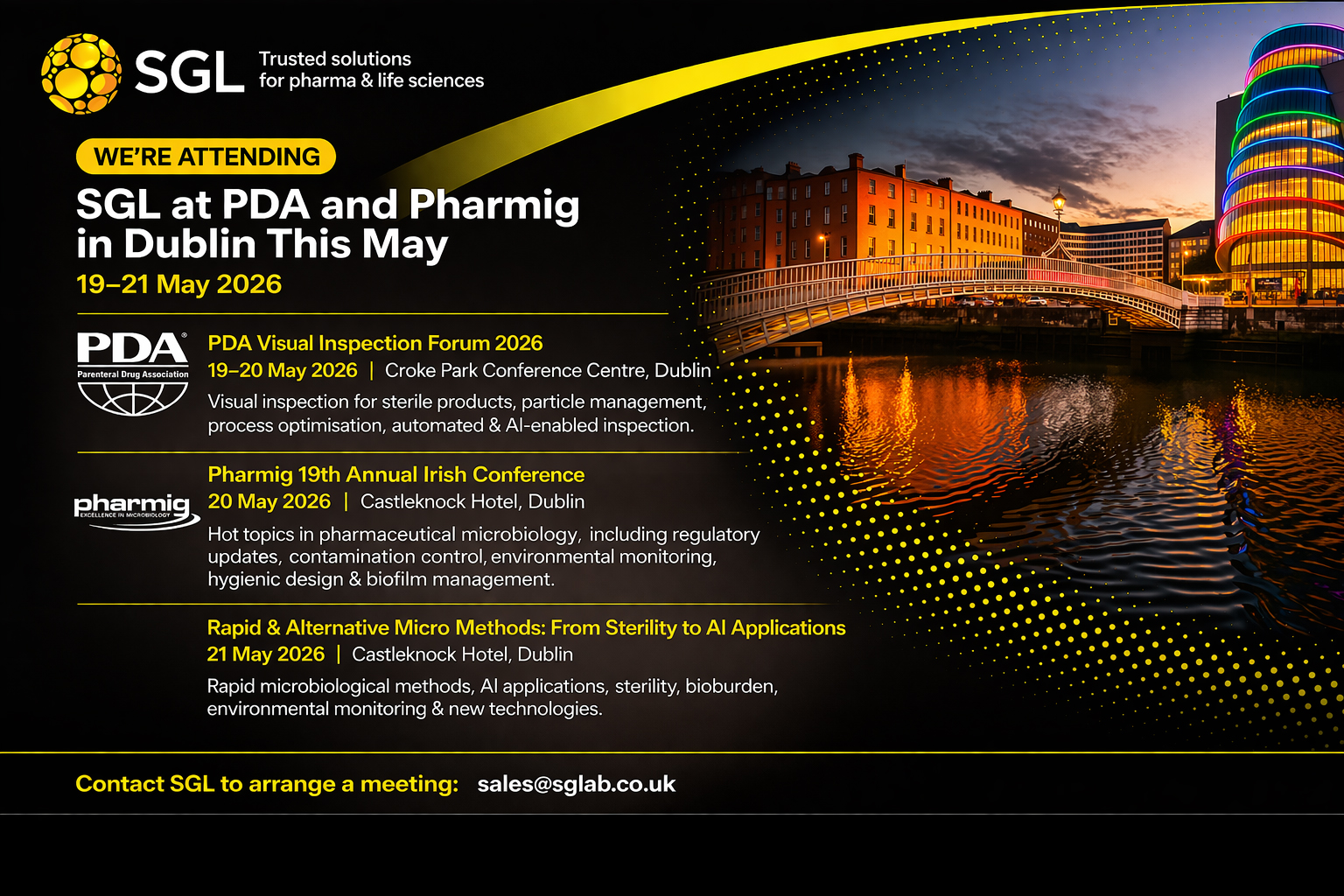 SGL at PDA and Pharmig in Dublin This May